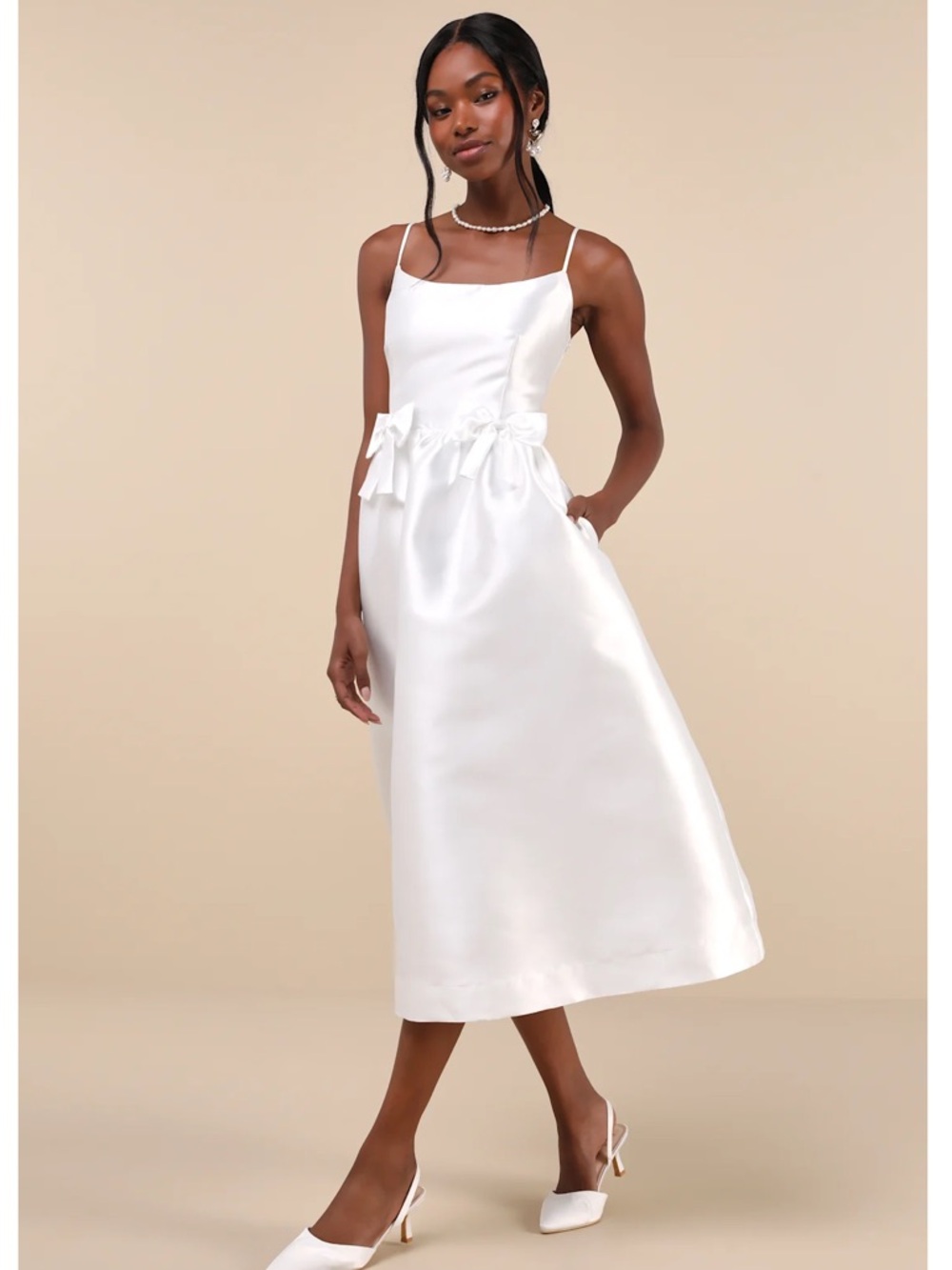 Lulus Classy Aesthetic White Taffeta Bow Midi Dress with Pockets NWT XL - Picture 3 of 14